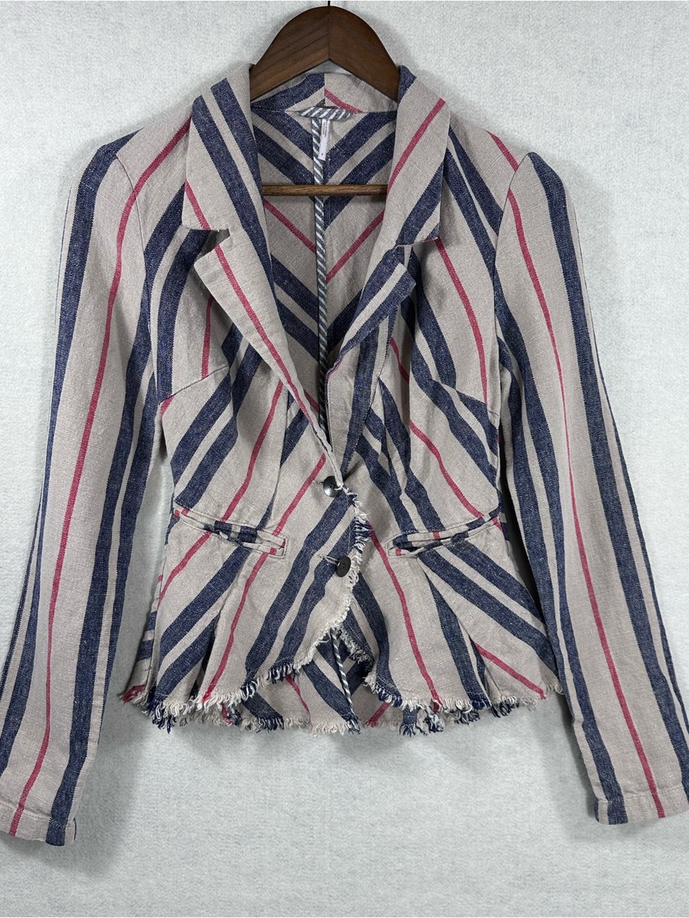 Free People Linen Blend Striped Frayed Hem Blazer Jacket Women’s Size 0
